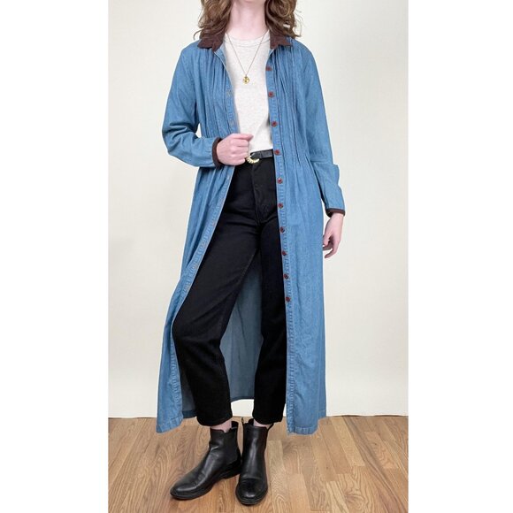 Vintage Denim Jean Midi Maxi Dress Pleated Long Duster Jacket Coat Cottagecore - Picture 4 of 10